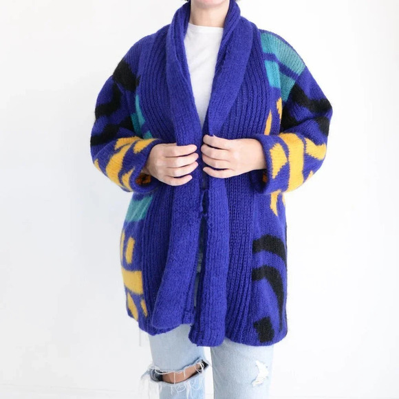 Vintage Handmade Purple Blue & Yellow  Knit with Liner Open Cardigan - Picture 2 of 12